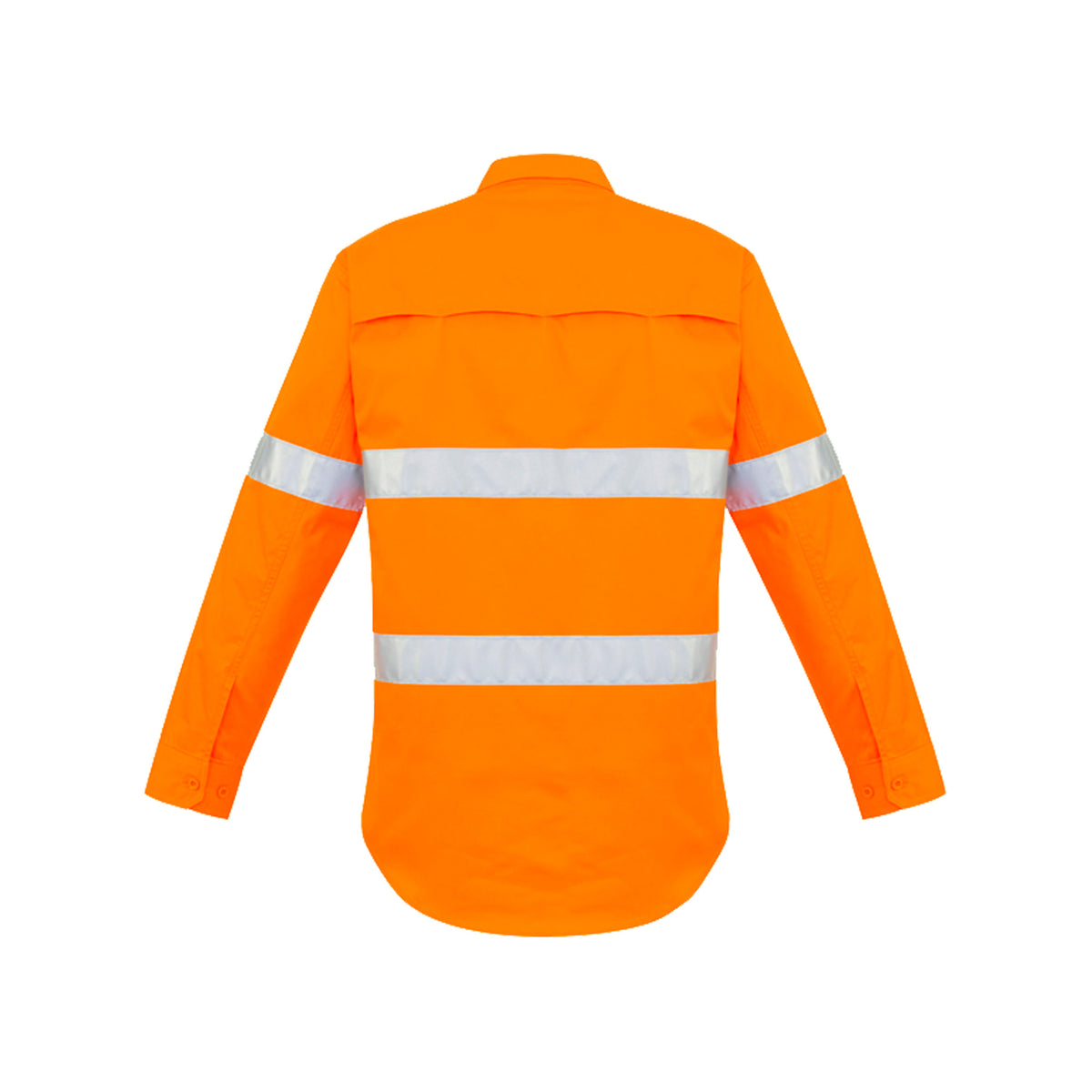 back of mens hi vis hoop taped long sleeve shirt in orange