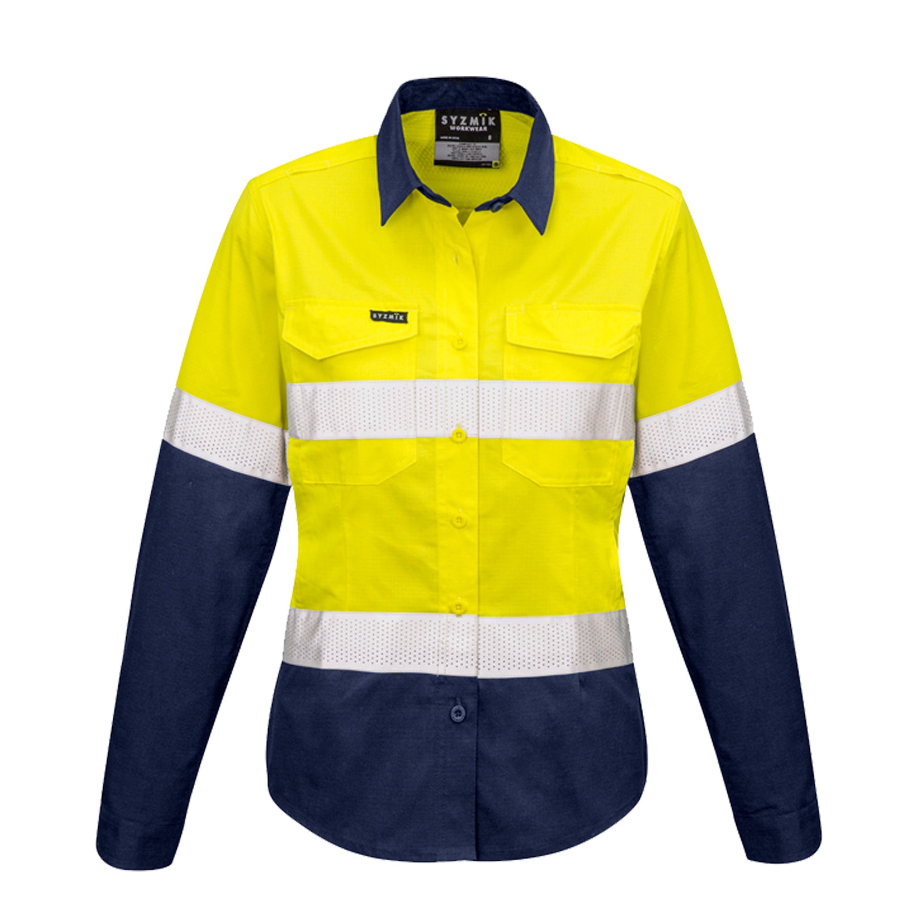 womens rugged cooling taped hi vis spliced long sleeve shirt in yellow navy