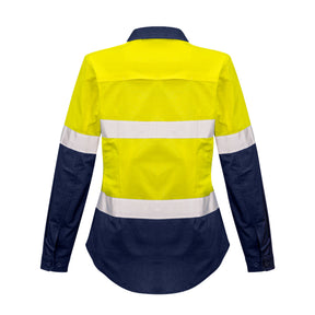 back of womens rugged cooling taped hi vis spliced long sleeve shirt in yellow navy