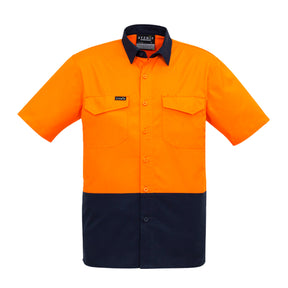 rugged cooling hi vis spliced short sleeve shirt in orange navy
