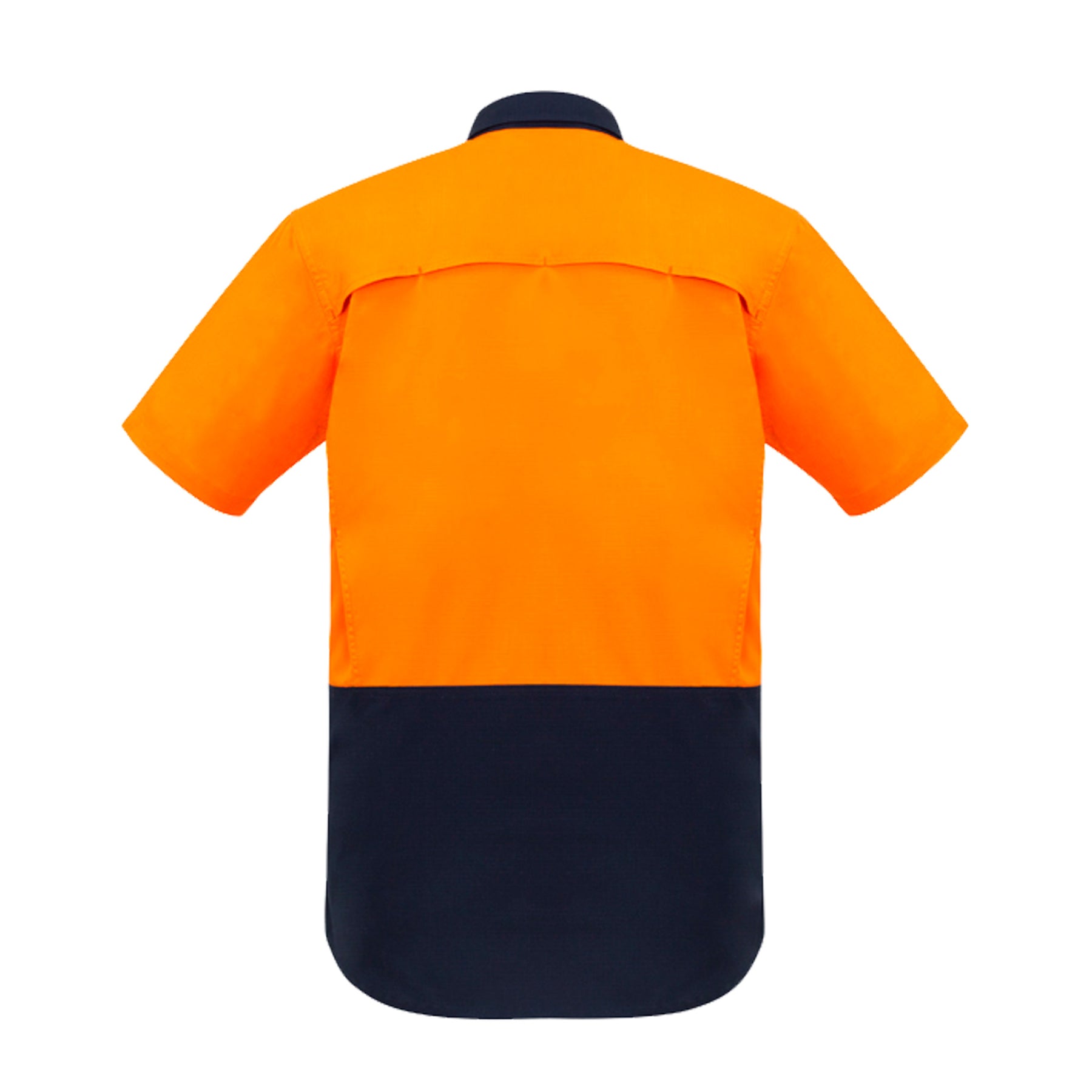 back of rugged cooling hi vis spliced short sleeve shirt in orange navy