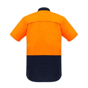 back of rugged cooling hi vis spliced short sleeve shirt in orange navy