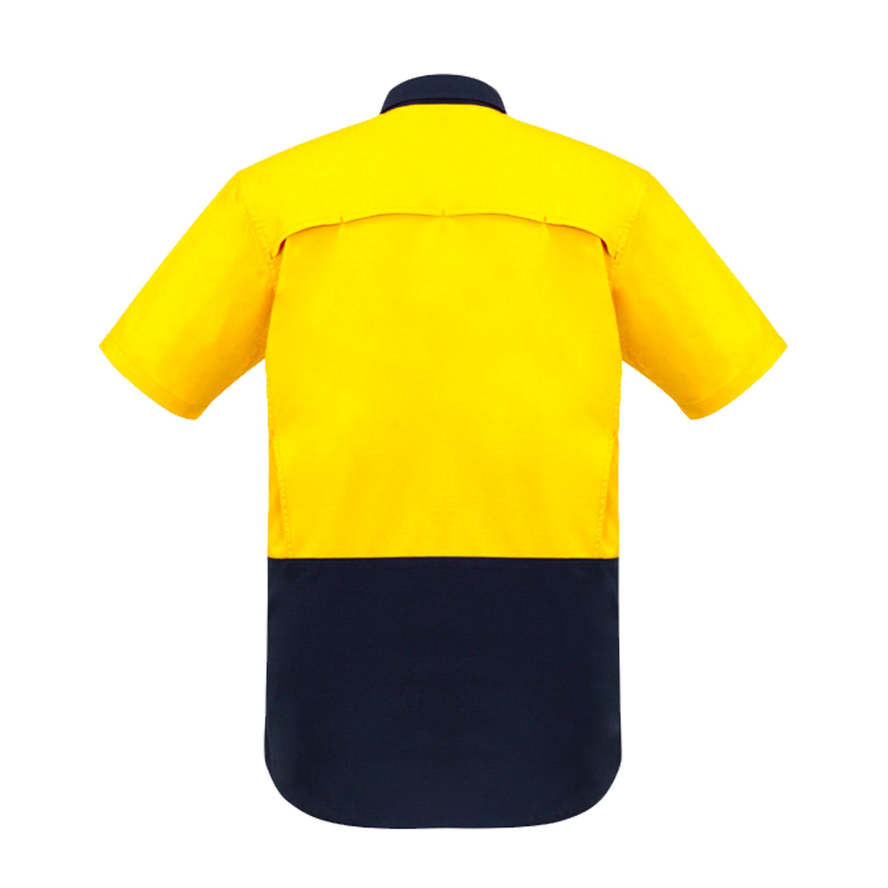 back of rugged cooling hi vis spliced short sleeve shirt in yellow navy