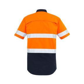 back of mens rugged cooling taped hi vis spliced short sleeve shirt in orange navy