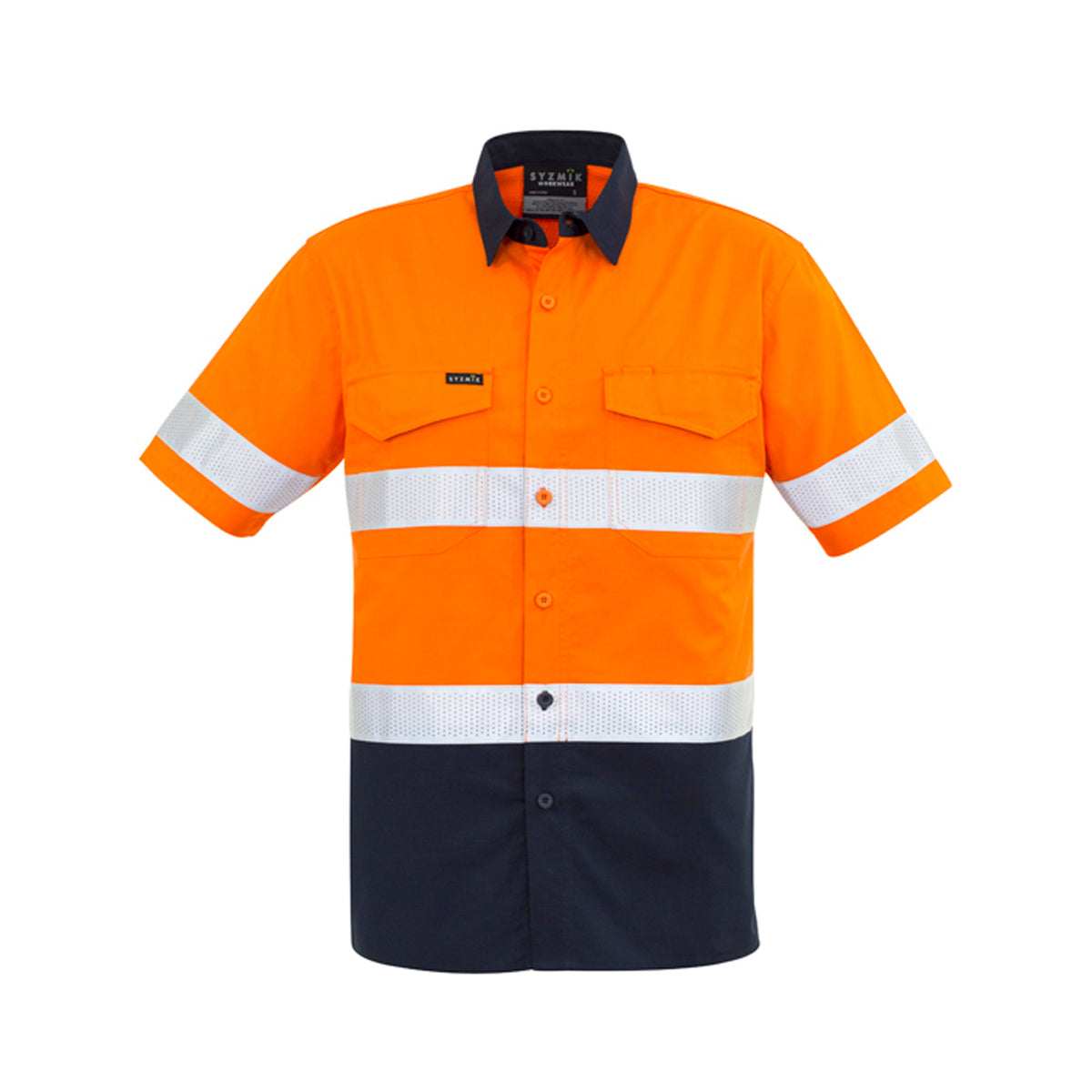 mens rugged cooling taped hi vis spliced short sleeve shirt in orange navy