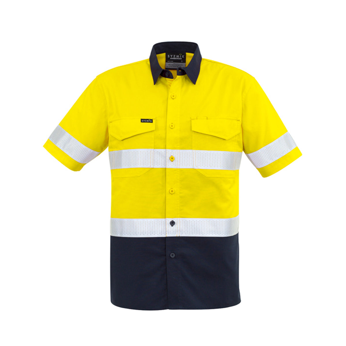 mens rugged cooling taped hi vis spliced short sleeve shirt in yellow navy