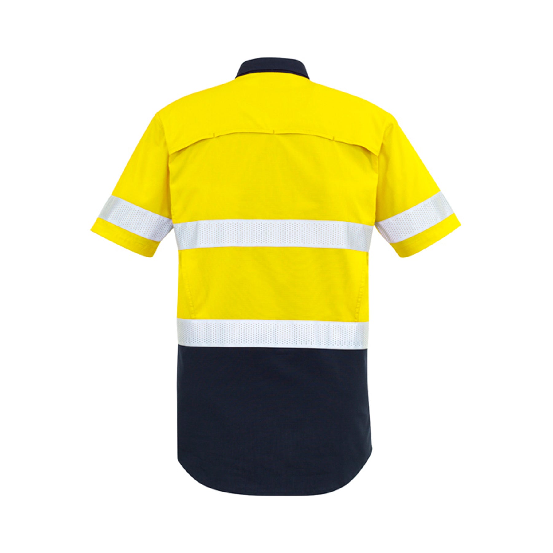 back of mens rugged cooling taped hi vis spliced short sleeve shirt in yellow navy