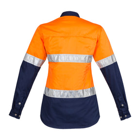 back of womens hi vis long sleeve spliced industrial shirt hoop taped in orange navy
