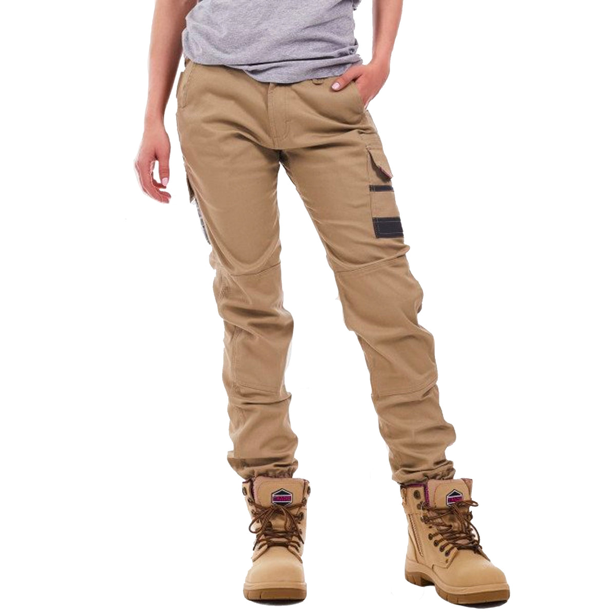 tradie ladies skinny cuffed cargo pant in khaki