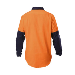 orange navy long sleeve hi vis cotton drill shirt with gusset back view